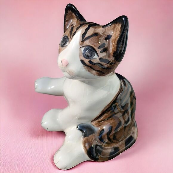 Artist Glazed Studio Art Crackle Heavy Ceramic Sitting Striped Tabby Cat Bookend - Picture 4 of 13